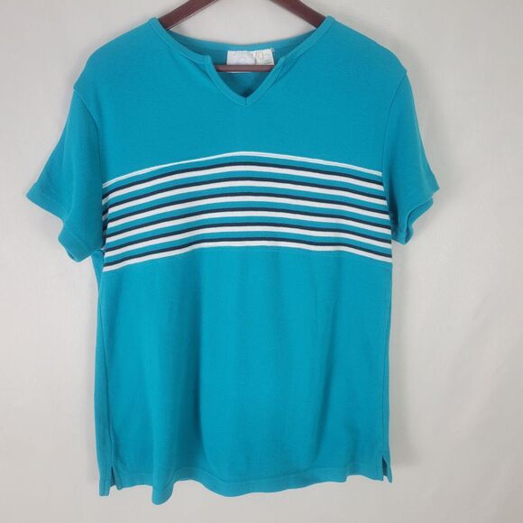Bobbie Brooks T Shirt Womens Large Top Cyan Striped Split‎ Neck Short Sleeve Tee - Picture 1 of 9